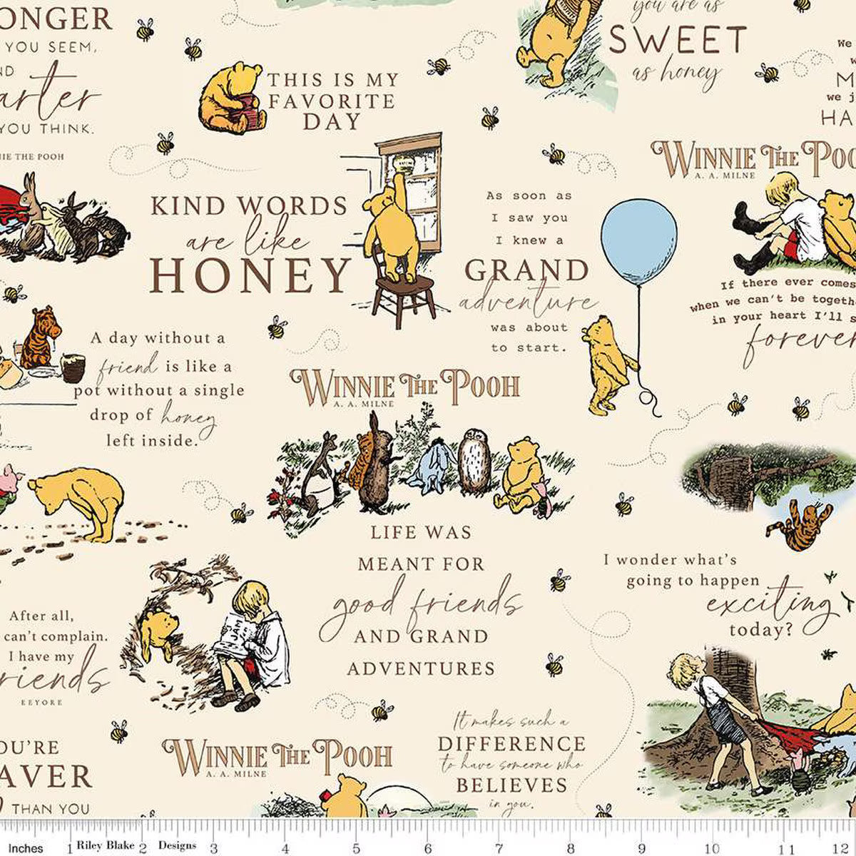 Winnie The Pooh – Flannel Cotton Fabric – Quotes - Cream