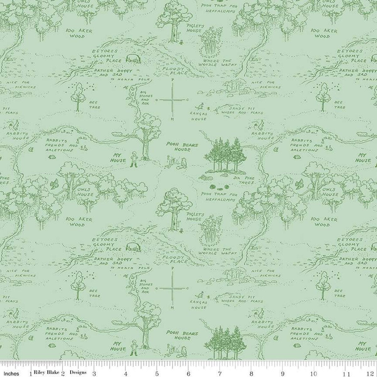 Winnie The Pooh – Quilting Cotton Fabric – Map - Green