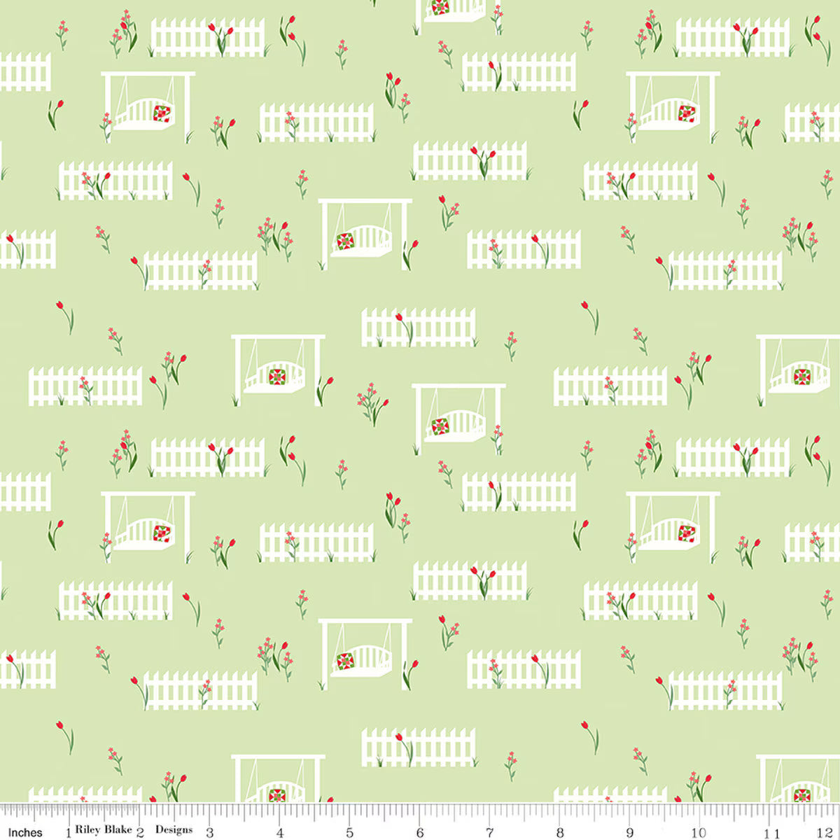 Front Porch - Quilting Cotton Fabric - Porch Swings - Green