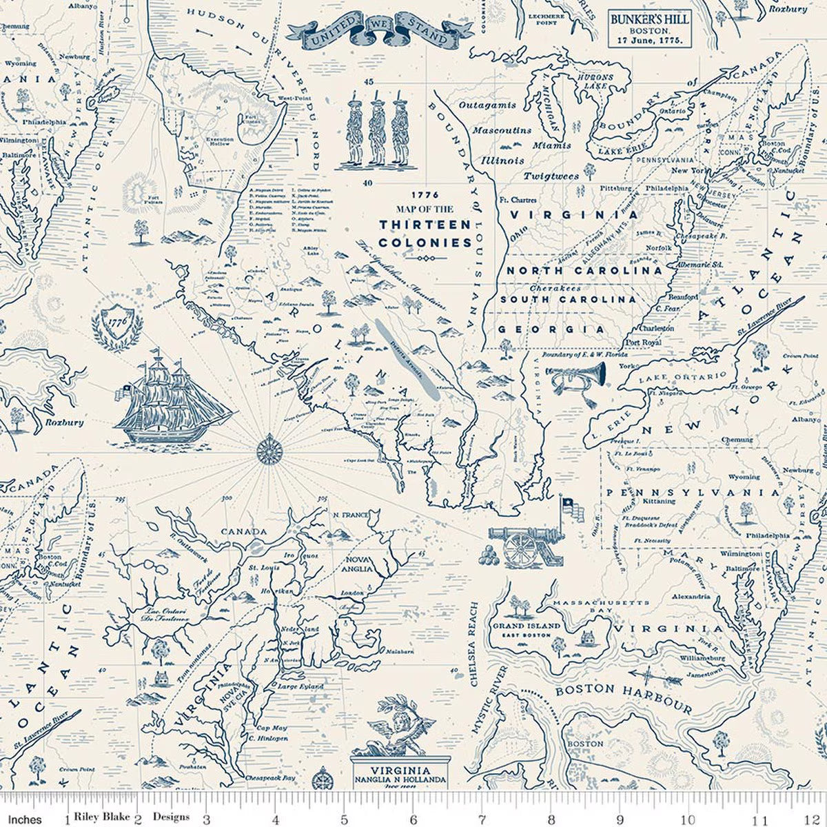 Independence - Quilting Cotton - Colonial Map - Cream