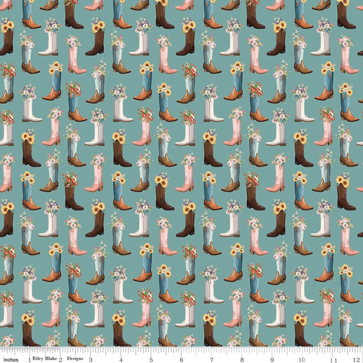 Cowgirl - Quilting Cotton Fabric - Boots - Blue