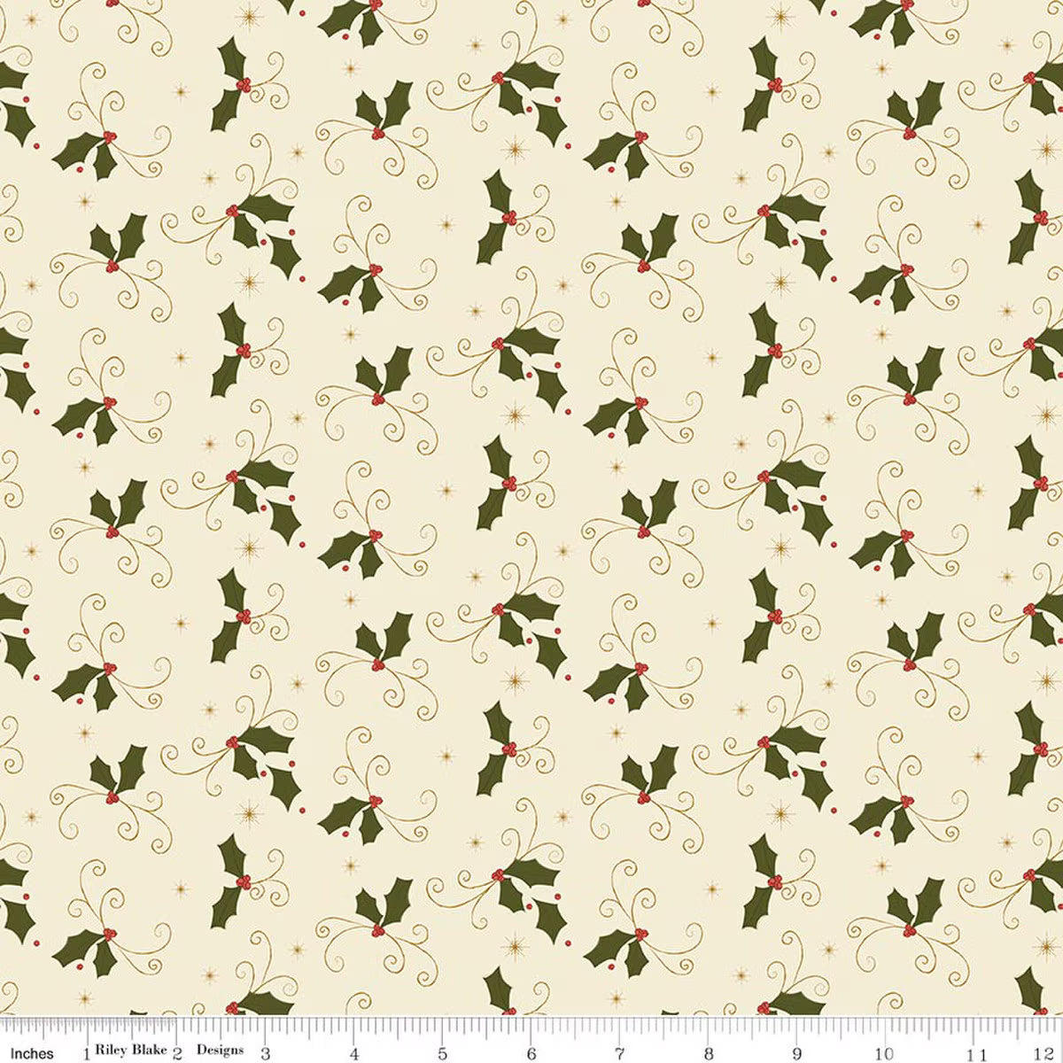 Christmas Greetings - Quilting Cotton Fabric - Holly - Cream