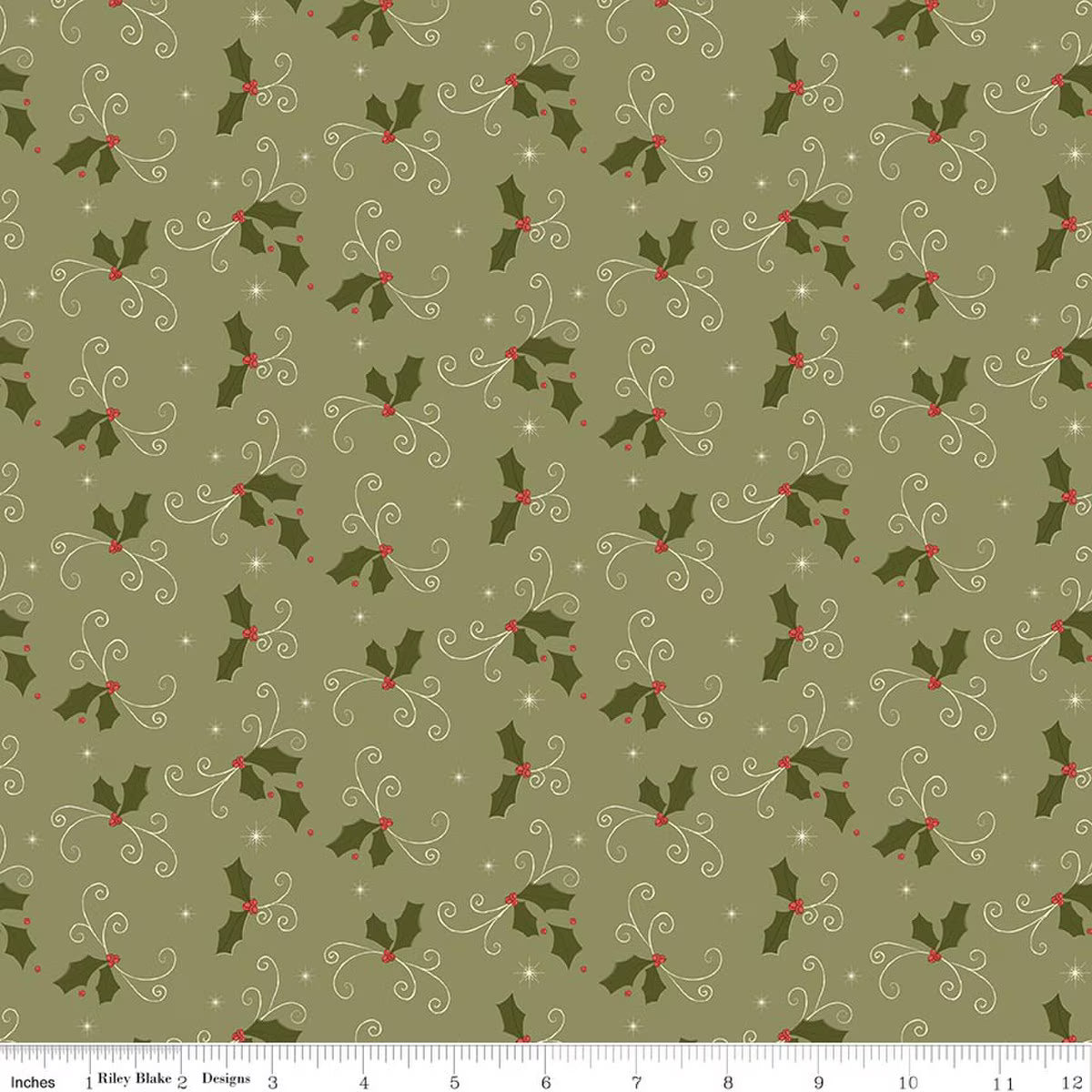 Christmas Greetings - Quilting Cotton Fabric - Holly - Spruce