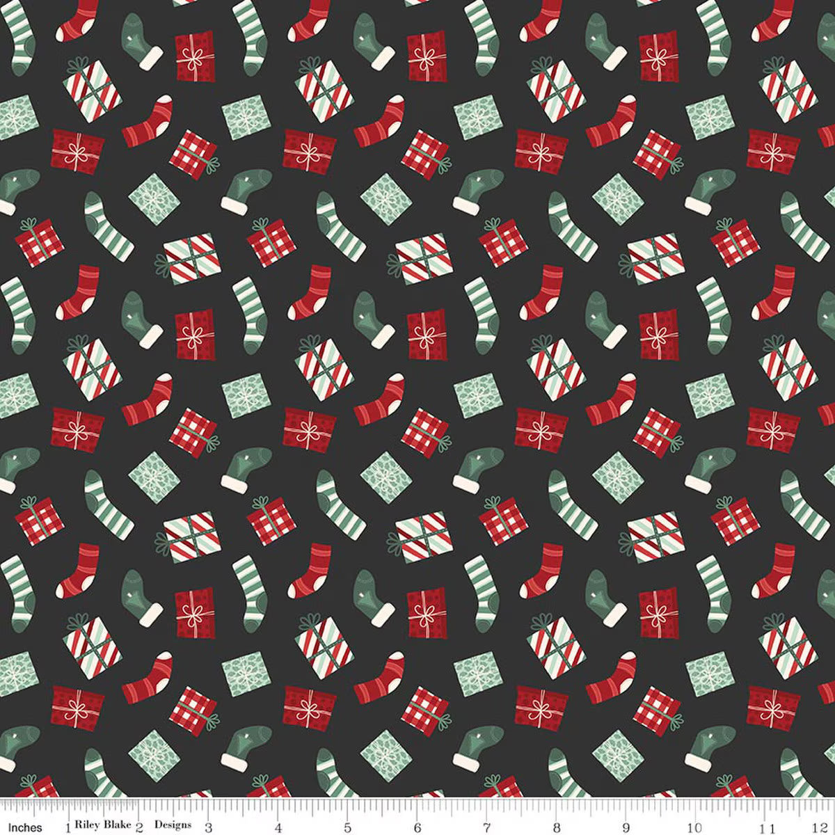 Evergreen Wishes - Quilting Cotton Fabric - Stockings & Gifts - Black