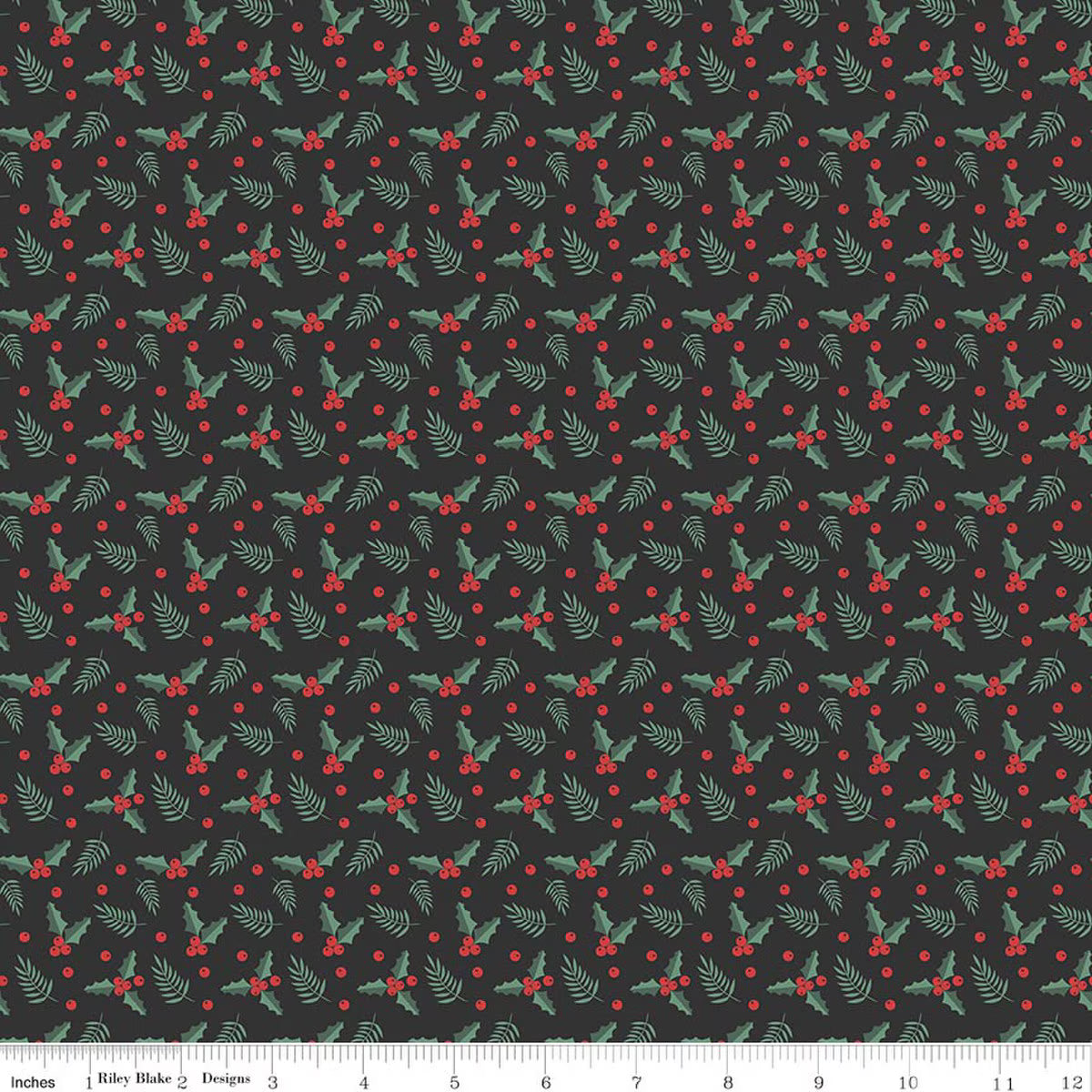 Evergreen Wishes - Quilting Cotton Fabric - Holly Berries - Black