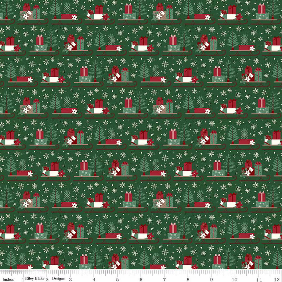 Christmas Time - Quilting Cotton Fabric - Sleds - Forest