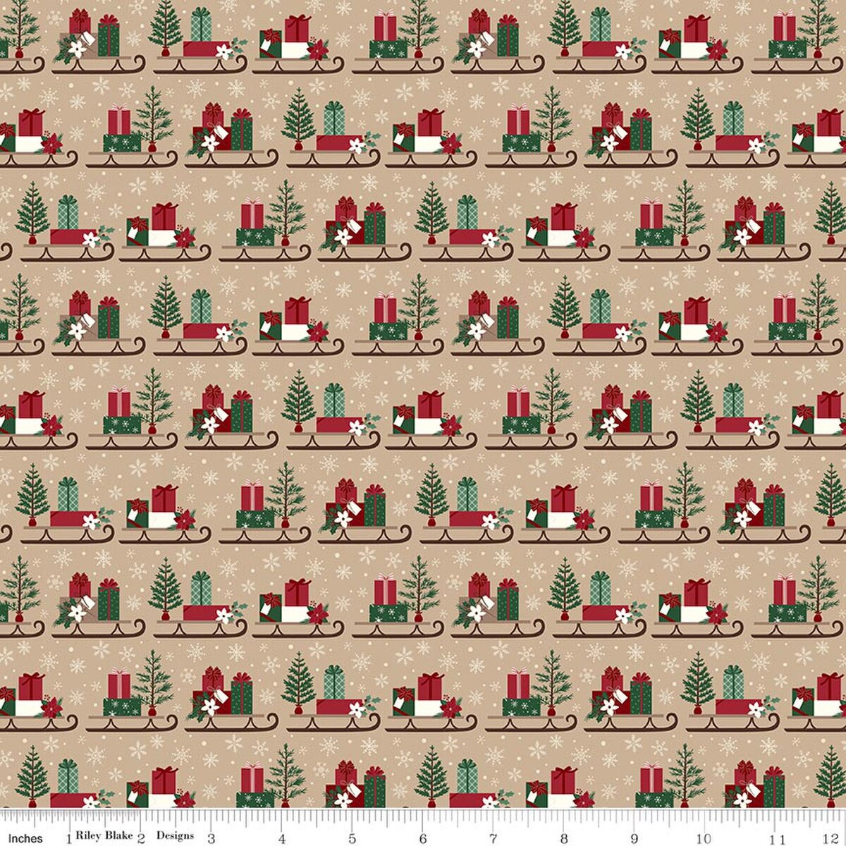 Christmas Time - Quilting Cotton Fabric - Sleds - Tan