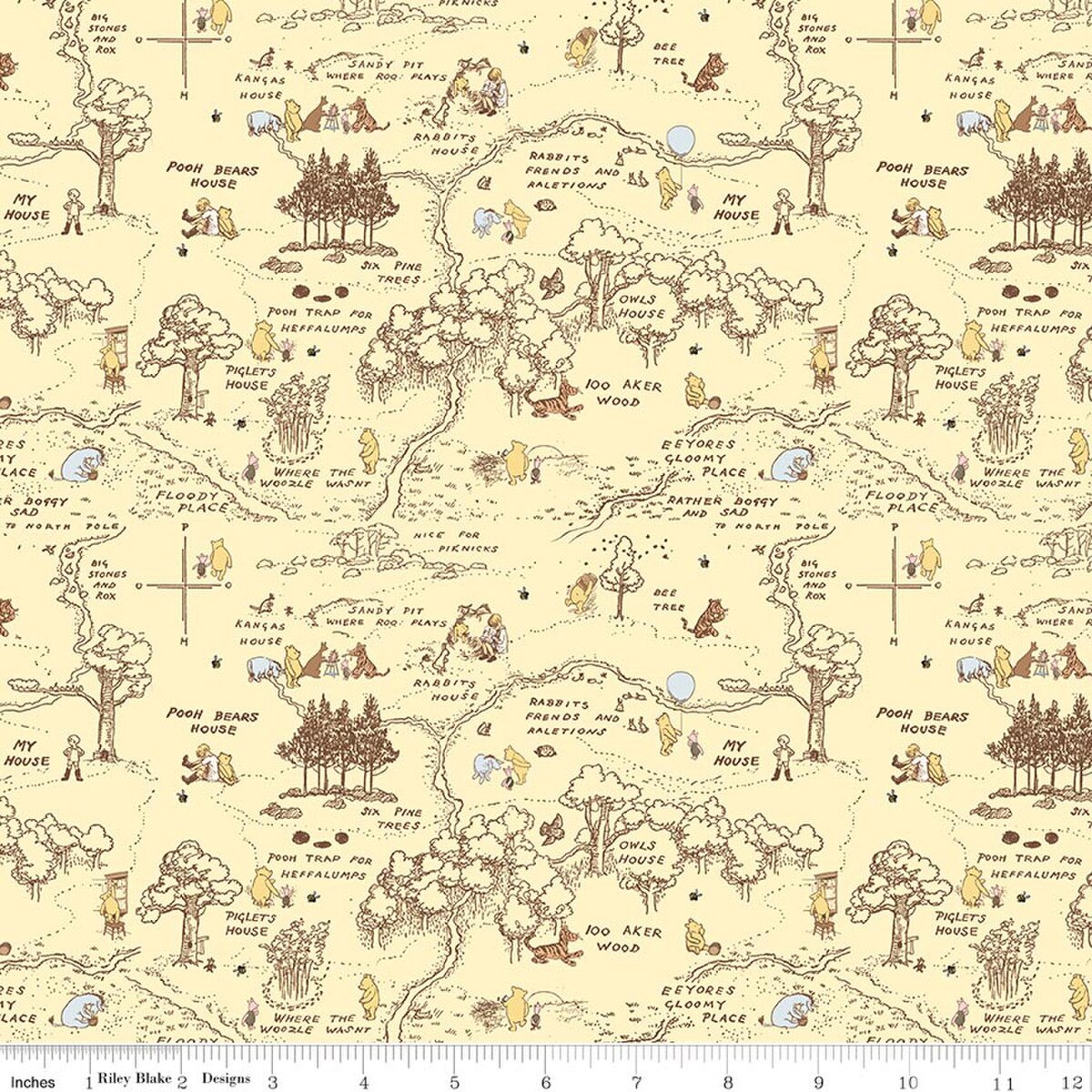Winnie-The-Pooh – Quilting Cotton Fabric – Baby 100 Aker Map - Yellow