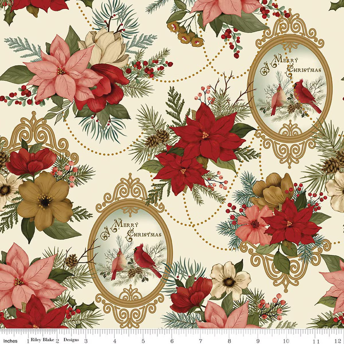 Christmas Greetings - Quilting Cotton Fabric - Main - Cream