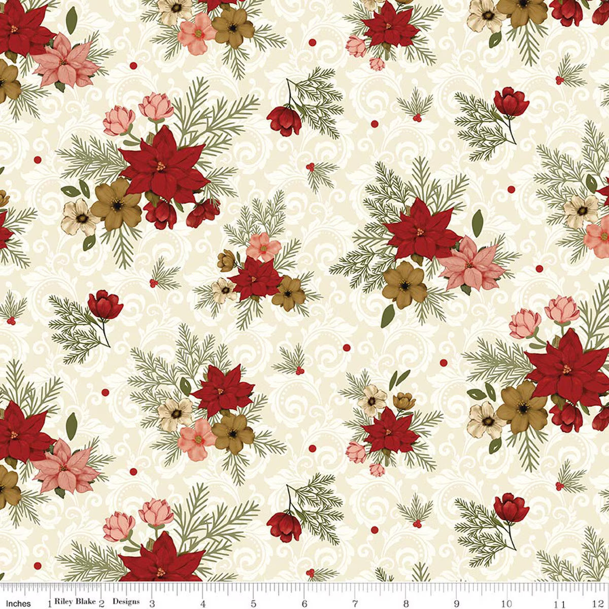 Christmas Greetings - Quilting Cotton Fabric - Floral - Cream