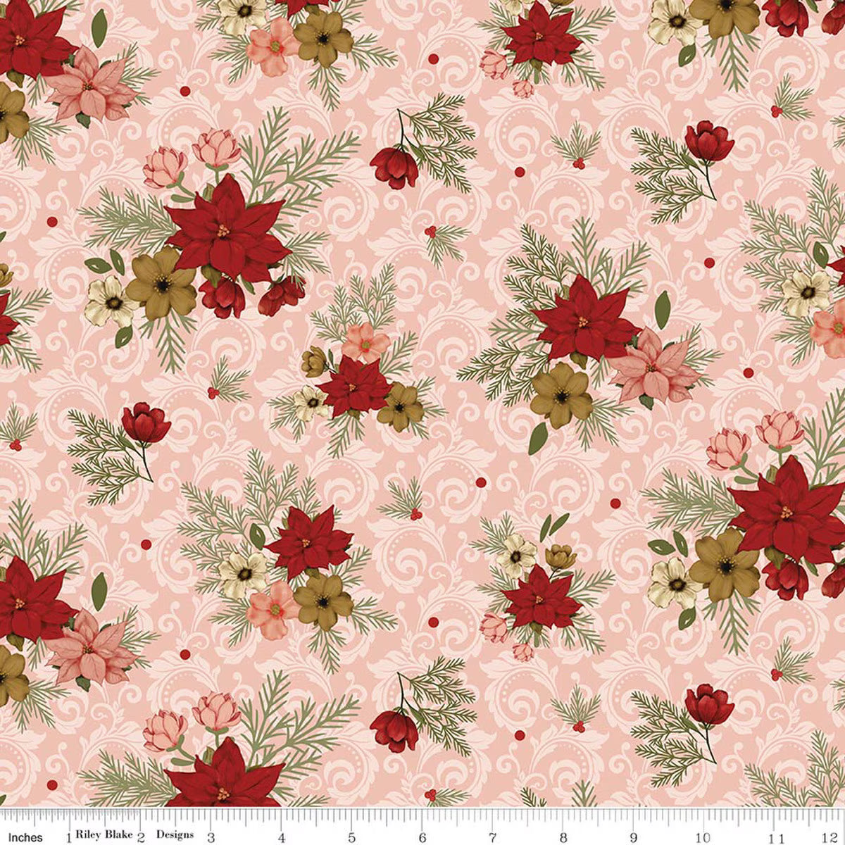Christmas Greetings - Quilting Cotton Fabric - Floral - Pink