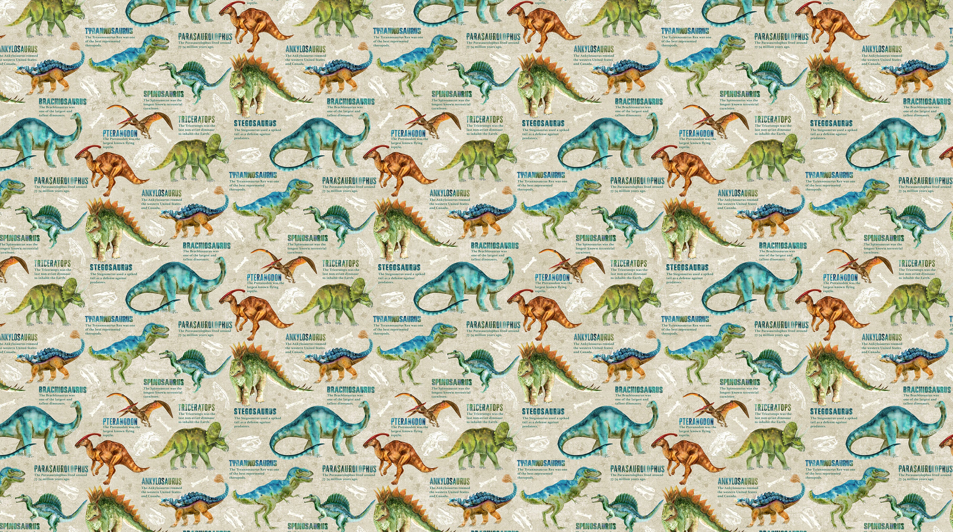 Dino Roar – Quilting Cotton Fabric – Dino With Words – Beige