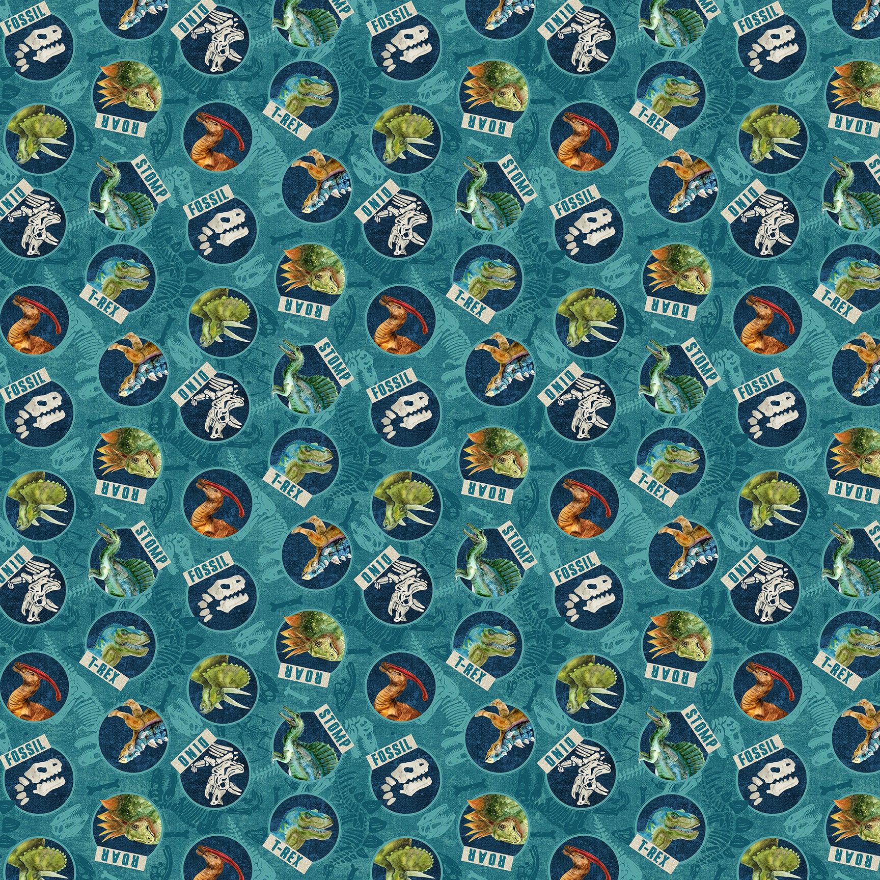 Dino Roar – Quilting Cotton Fabric – Dino Head Toss – Teal