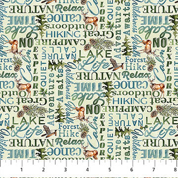 Lakeside Retreat - Quilting Cotton - Words - Lt Green Multi
