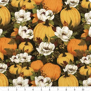 Oh My Gourd! - Quilting Cotton Fabric - Pumpkins & Florals - Black
